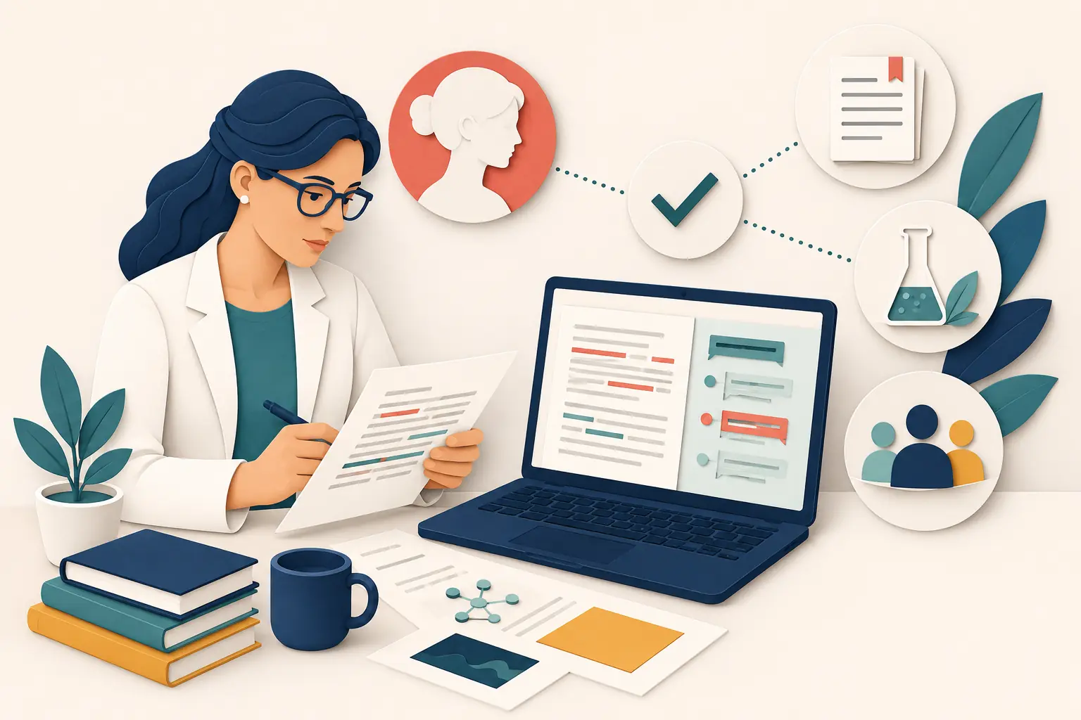 Human researcher reviewing AI-assisted manuscript edits while retaining responsibility for evidence and authorship