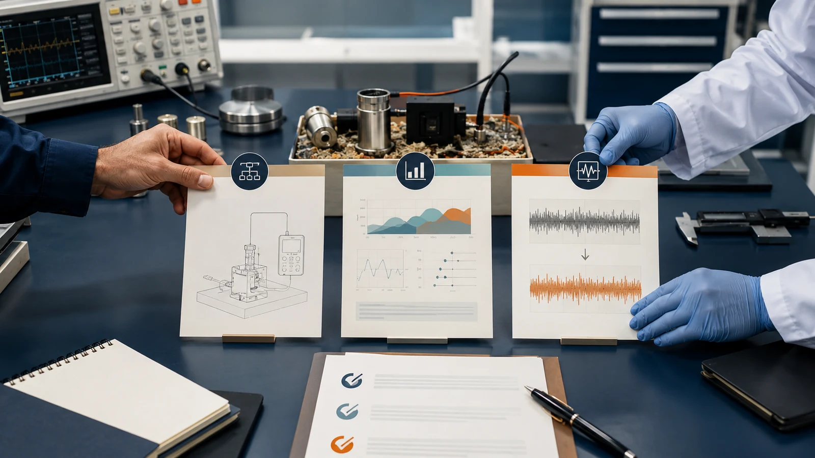 Engineer and scientist organising three evidence documents showing an application setup, broader analysis and measured before-and-after result