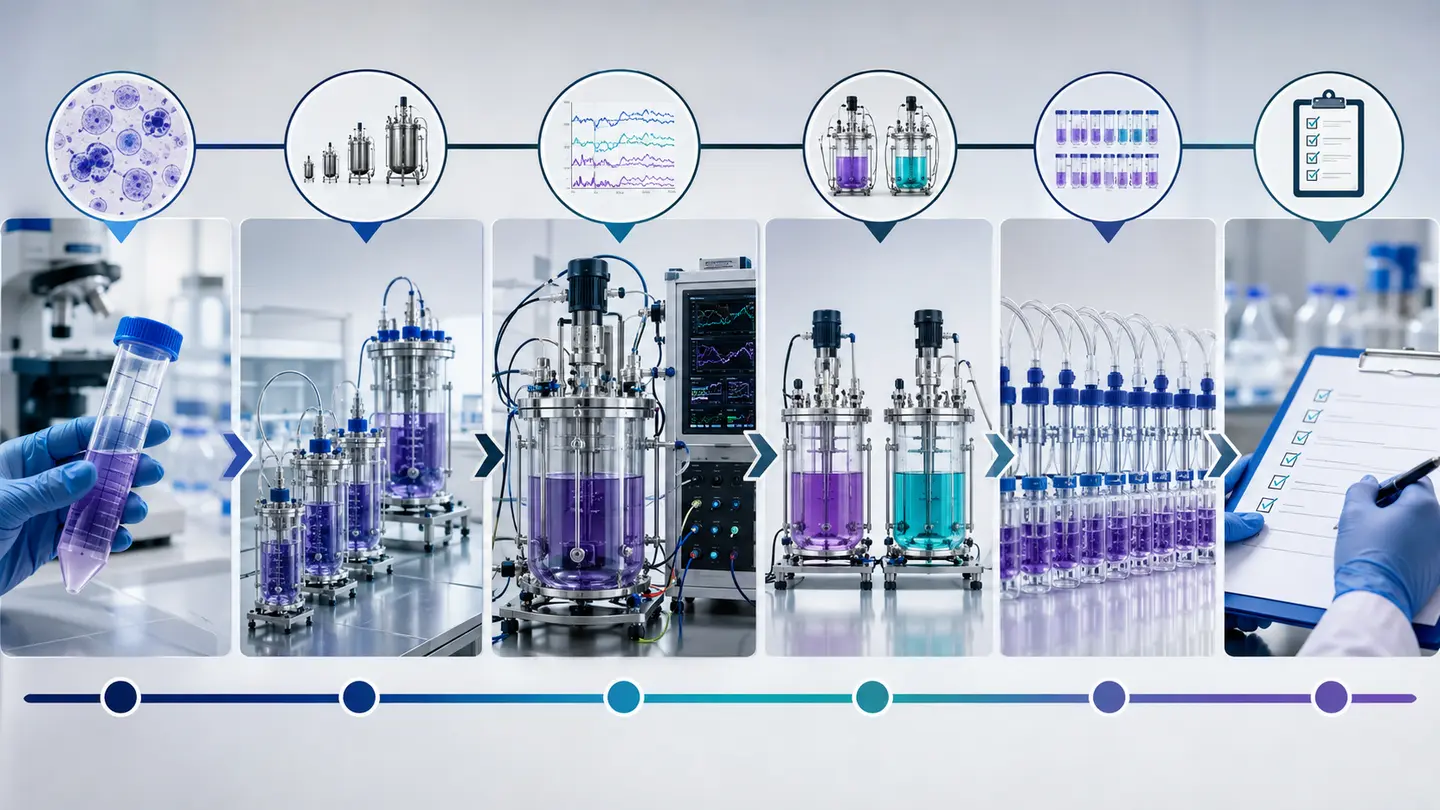 Biotech claims and evidence pathway connecting model, scale, process conditions, comparison, variability and validation