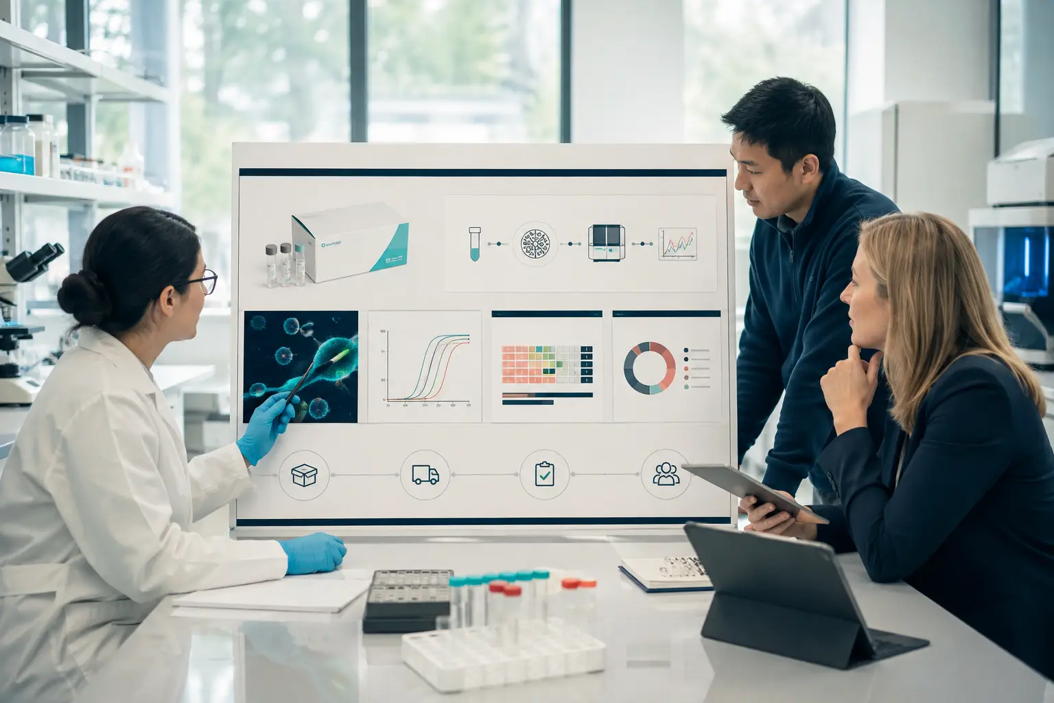 Scientific, procurement and business professionals evaluating the same biotech product page from different decision perspectives