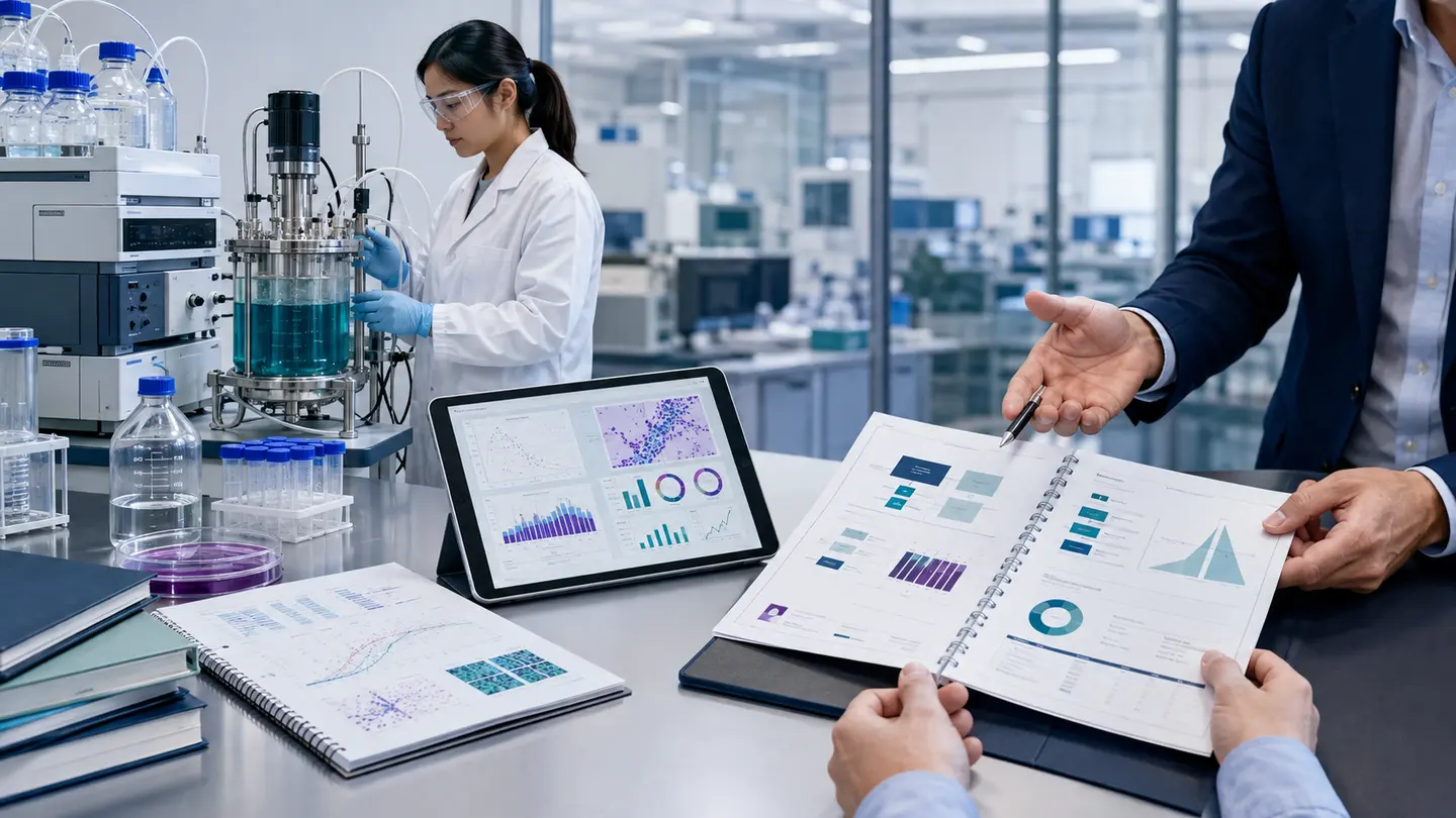 Bioprocess laboratory evidence being organised into a biotechnology white paper for scientific and commercial review