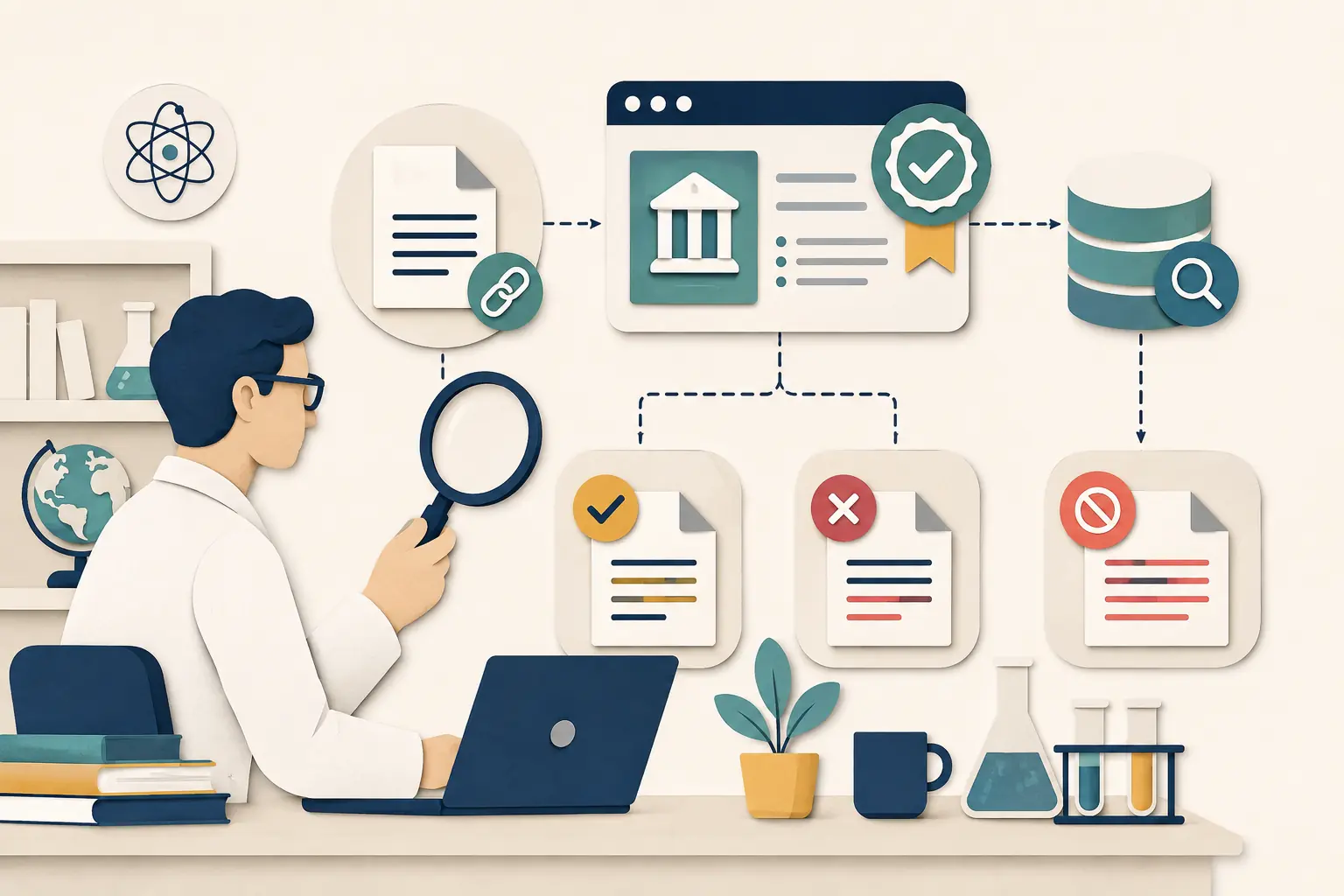 Researcher verifying the current status of a scientific paper through DOI, publisher and metadata records