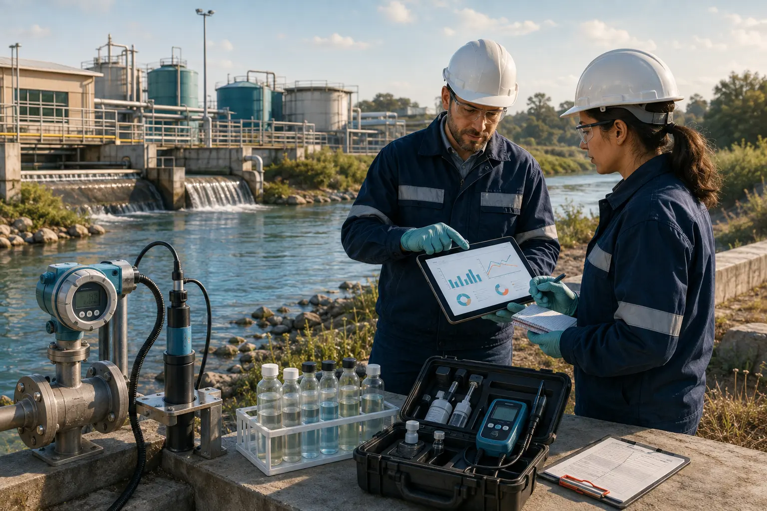Environmental engineers reviewing field monitoring data beside an operating water treatment system and sampling equipment