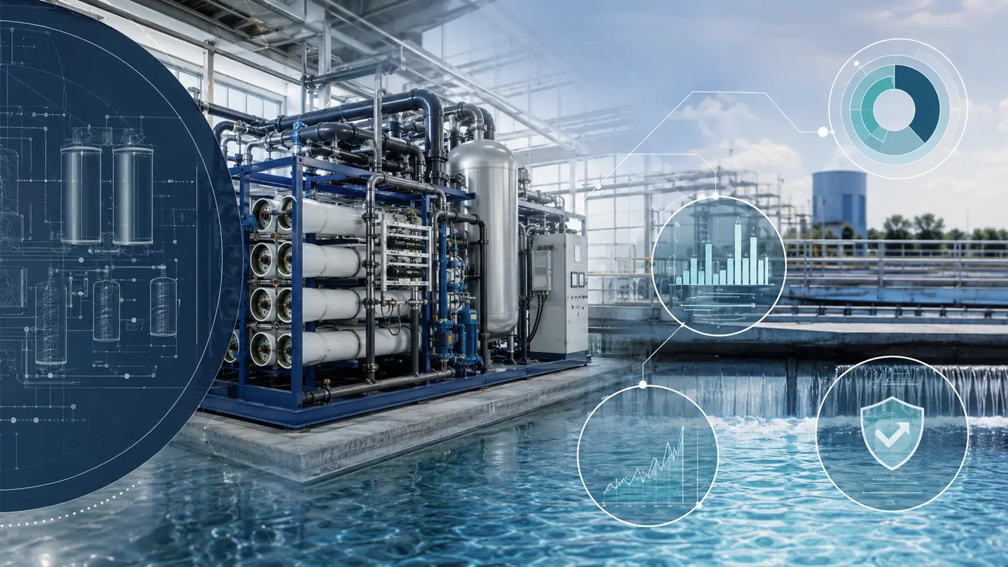 Industrial water treatment system with visual indicators for process performance, operating cost and compliance risk