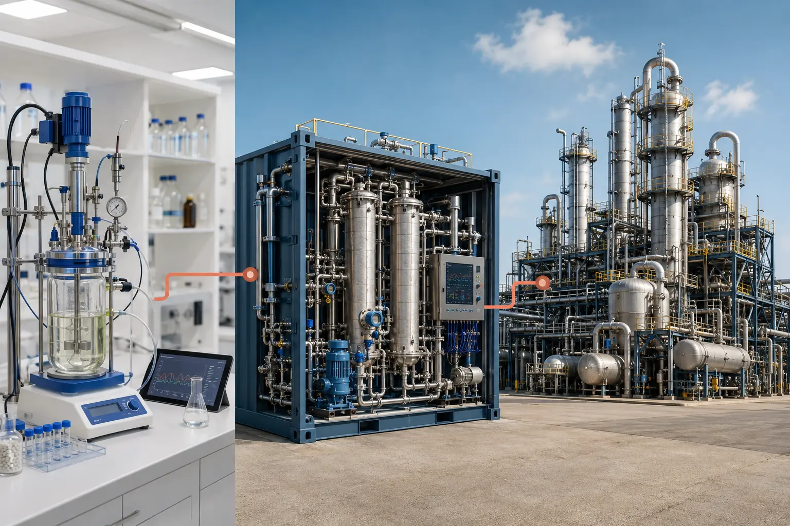 Process technology progressing from a controlled laboratory reactor to an integrated pilot skid and full commercial plant