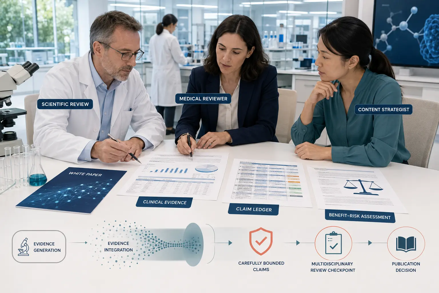 Scientific and marketing teams reviewing a pharmaceutical white paper with clinical evidence, claim notes and risk information