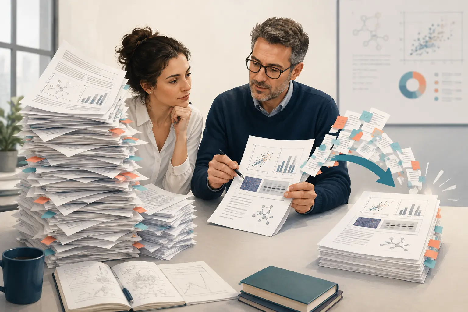 Researcher and editor reducing an overlong manuscript while preserving the same figures, citations and essential evidence