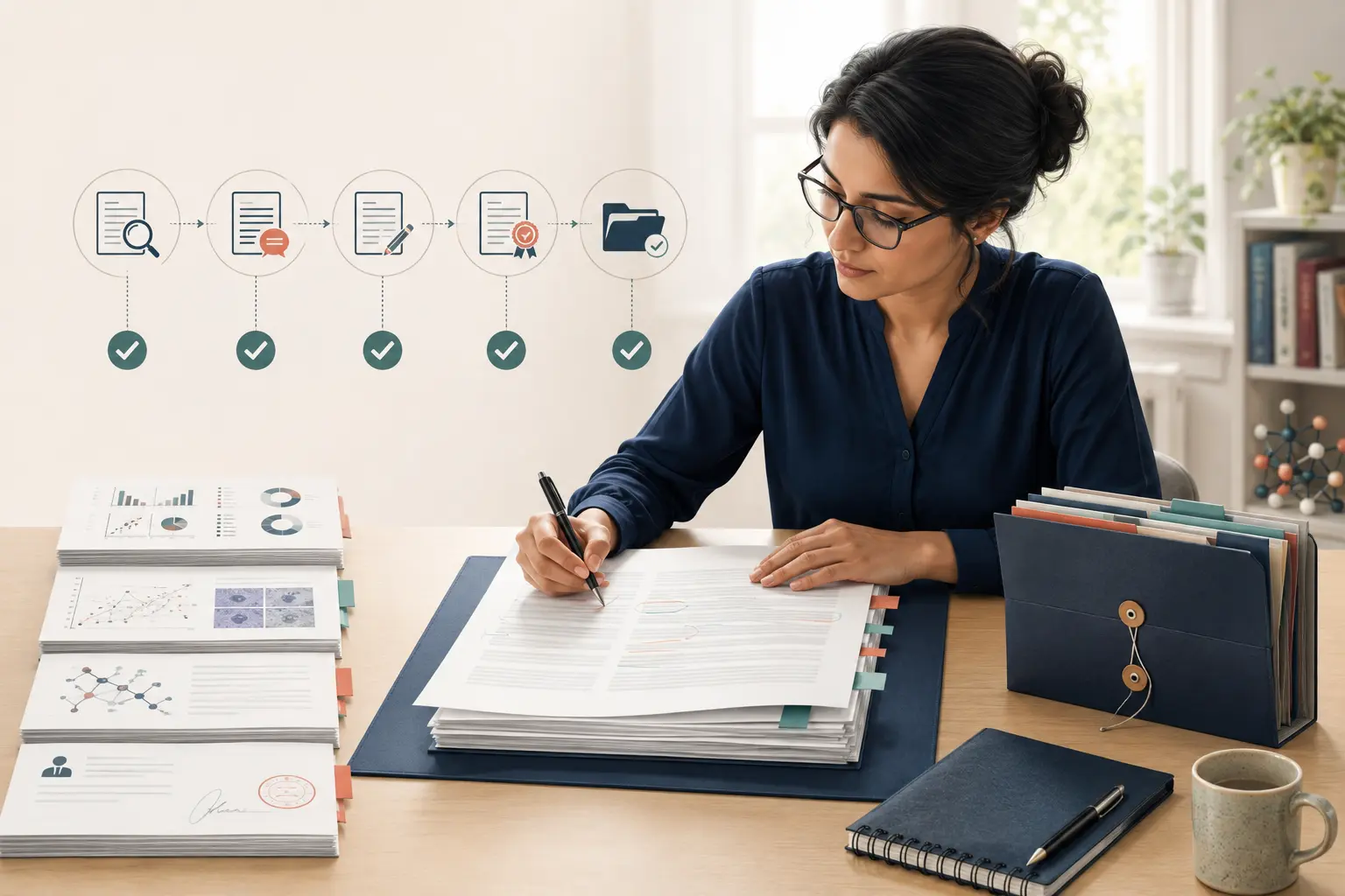 Researcher completing a staged manuscript editing checklist with figures, references and journal submission files
