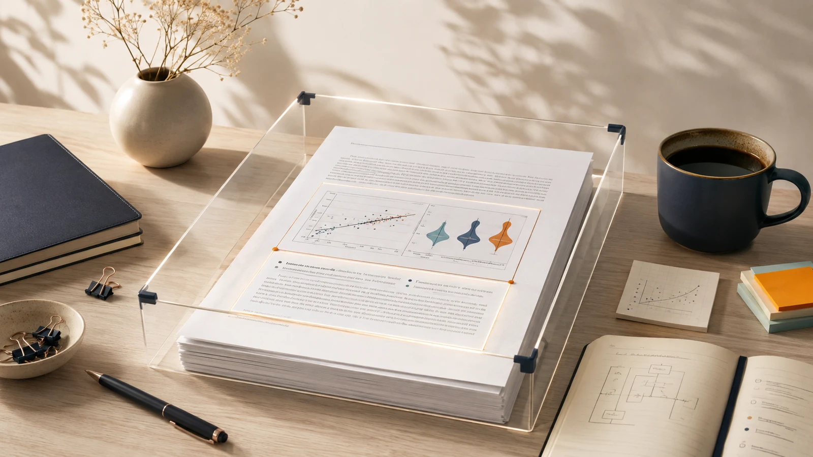 Research manuscript protected by a transparent evidence boundary while charts and review notes remain visible and intact