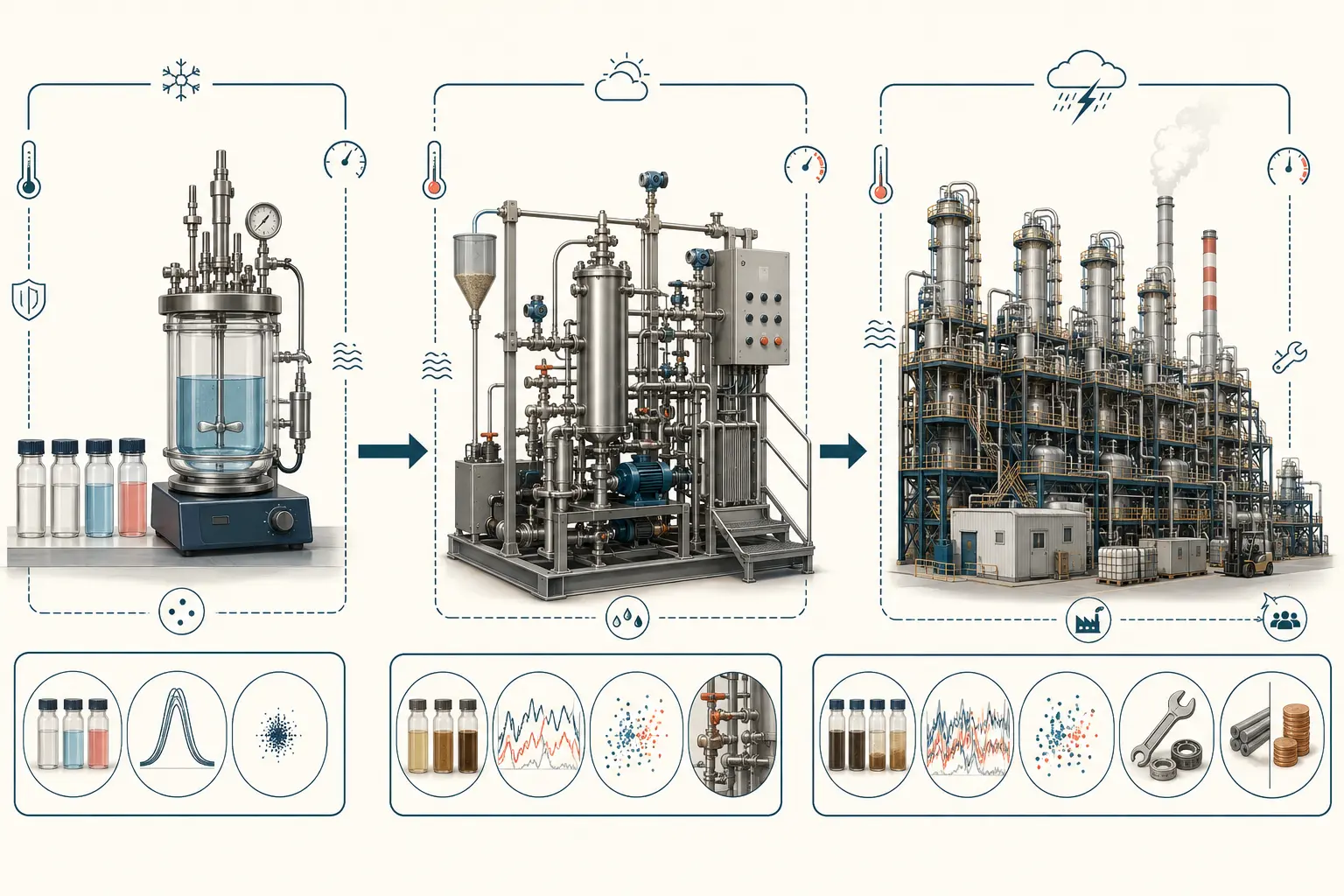 Comparison of laboratory, pilot and commercial evidence with increasing process integration, variability and operating complexity