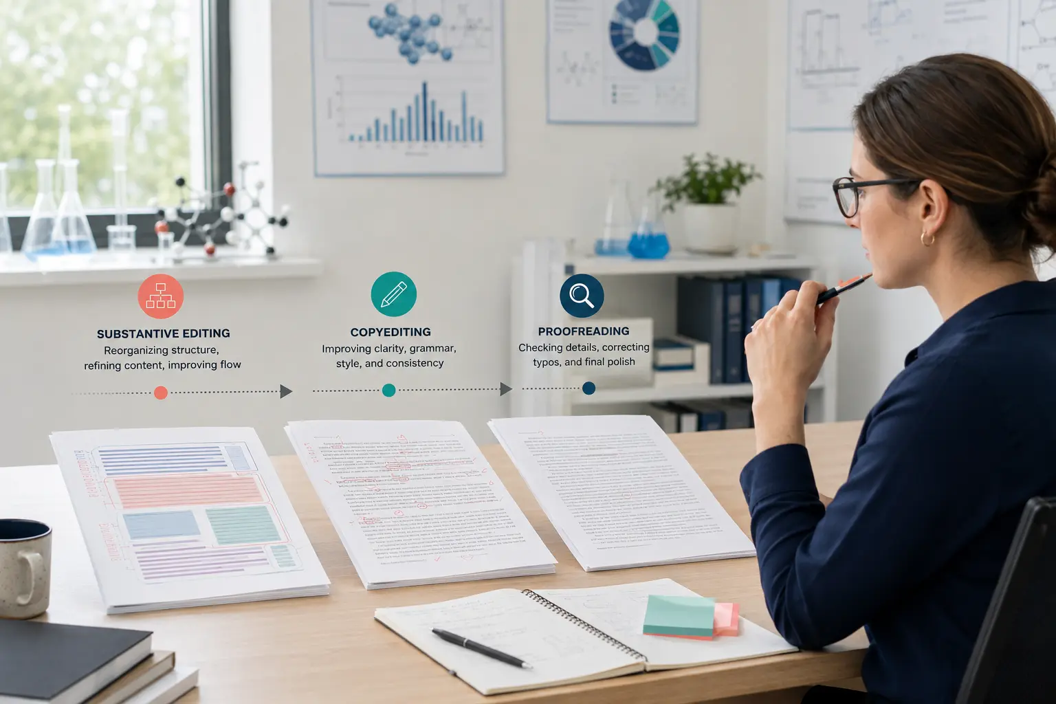 Researcher comparing three manuscript editing stages from structural revision to sentence correction and final proof checking